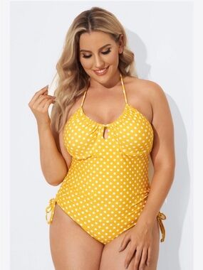 Yellow Polka Dot Halter One-Piece Swimsuit with Side Ties - Large